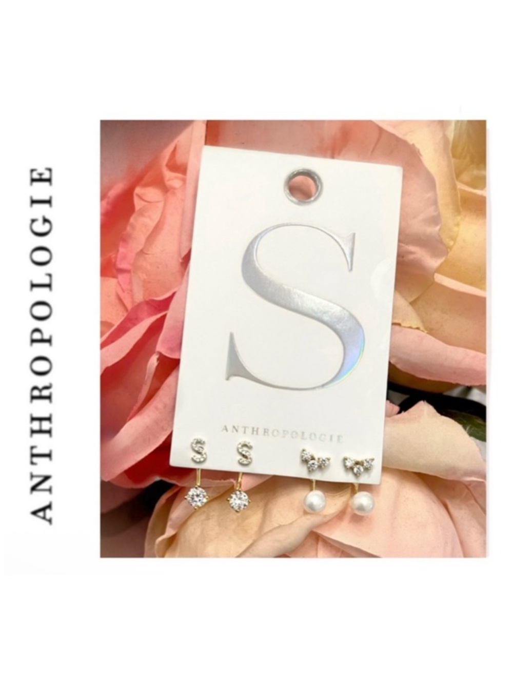 NWT Anthropologie Cubic Zirconia Initial “S” Earrings Two Pairs
